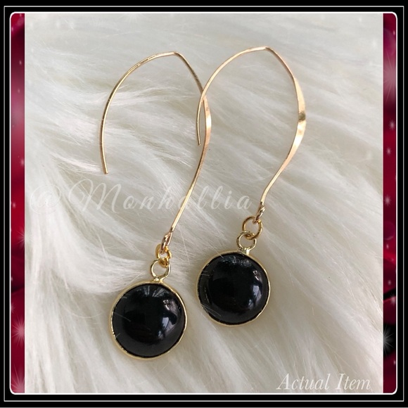 14k gold Black Onyx drop hook quartz stone bohemian  Obsidian hippie earrings - Picture 2 of 4